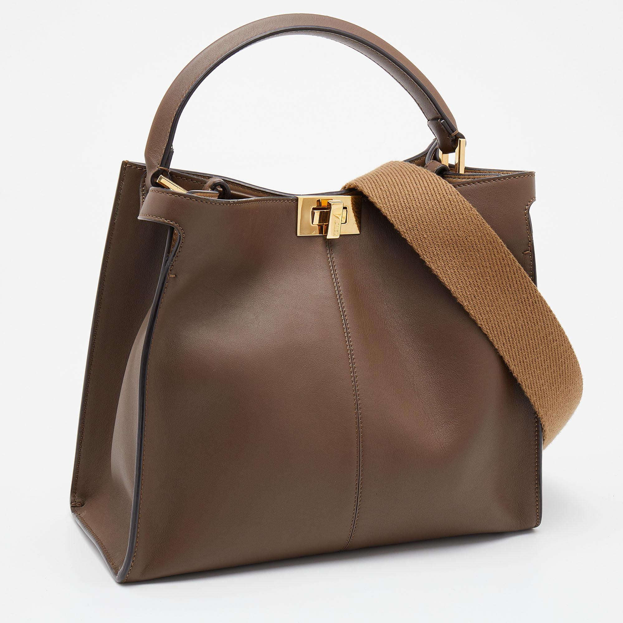 Women's Fendi Dark Brown Leather Medium Peekaboo X Lite Top Handle Bag