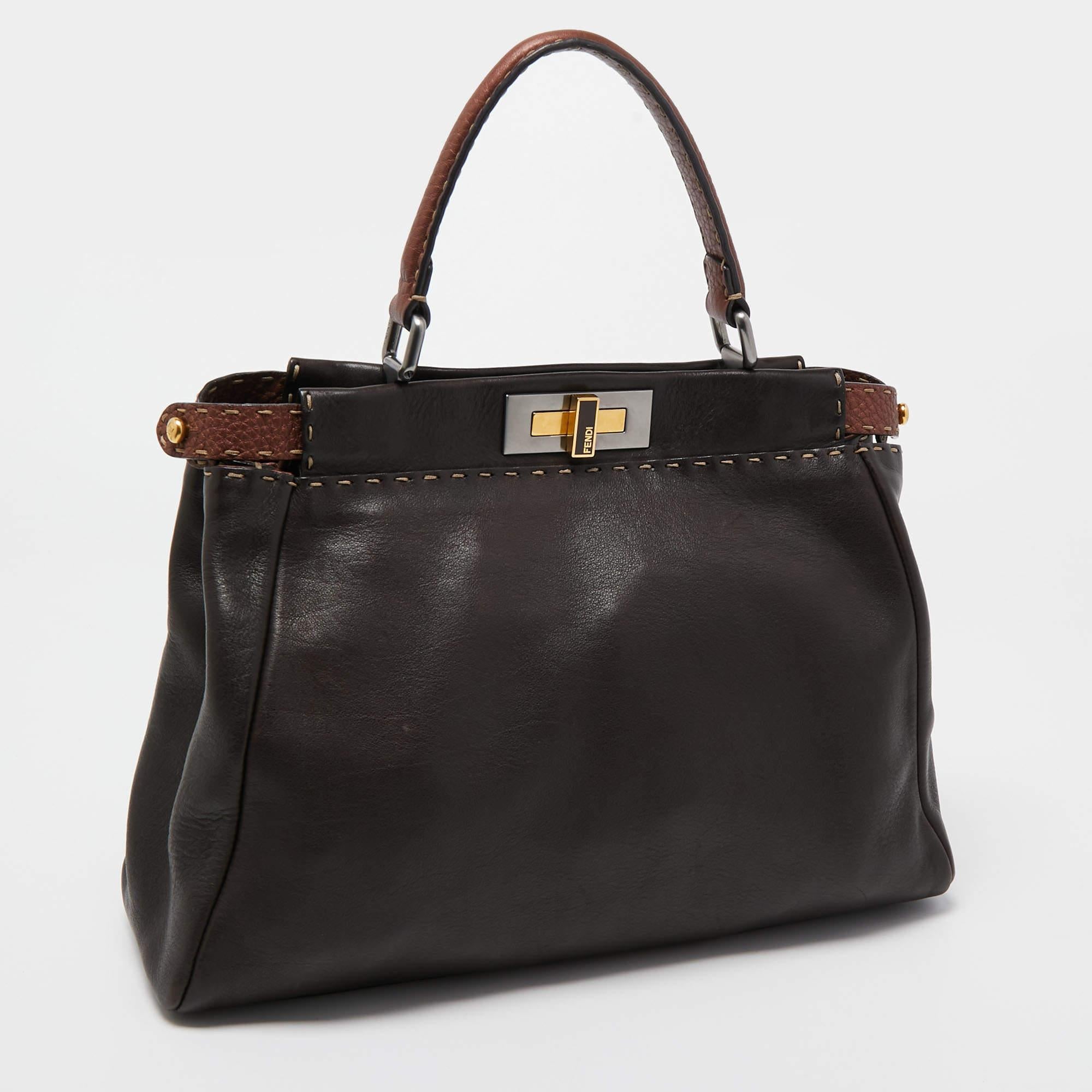Black Fendi Dark Brown Leather Small Peekaboo Top Handle Bag