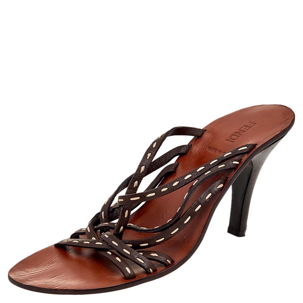 Women's Fendi Dark Brown Leather Strappy Slide Sandals Size 39.5 For Sale