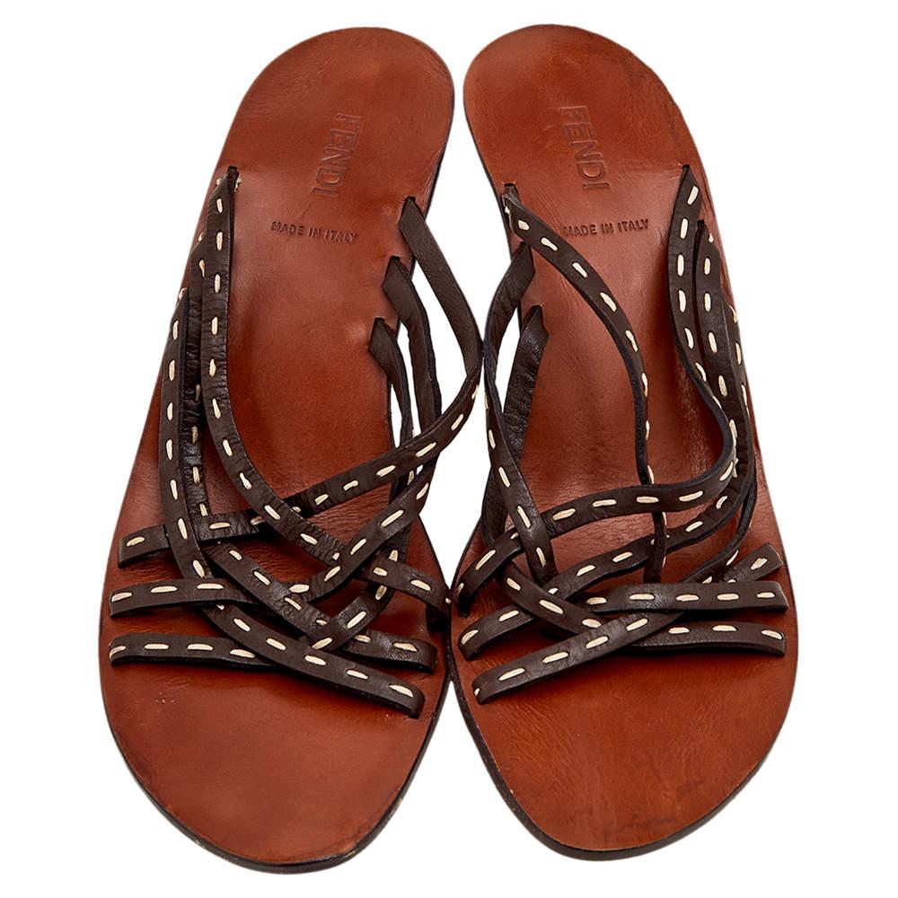 Fendi Dark Brown Leather Strappy Slide Sandals Size 39.5 For Sale 1