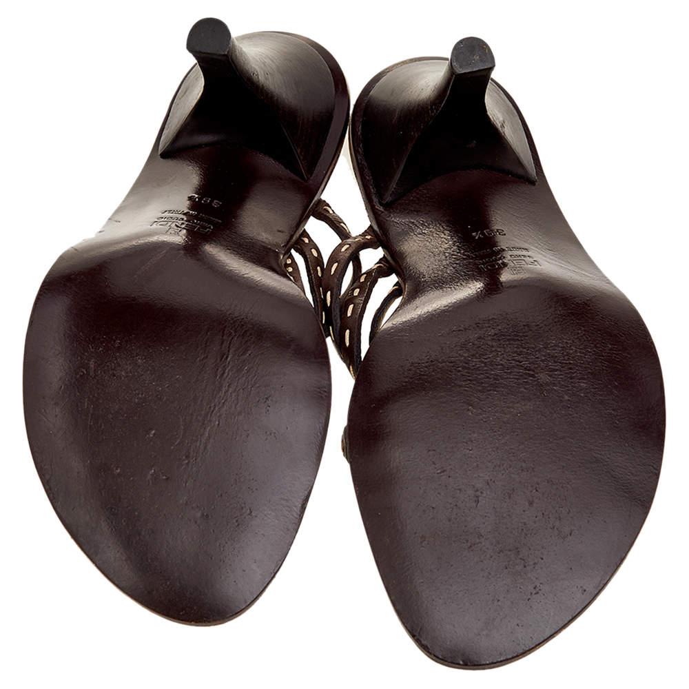 Fendi Dark Brown Leather Strappy Slide Sandals Size 39.5 For Sale 3