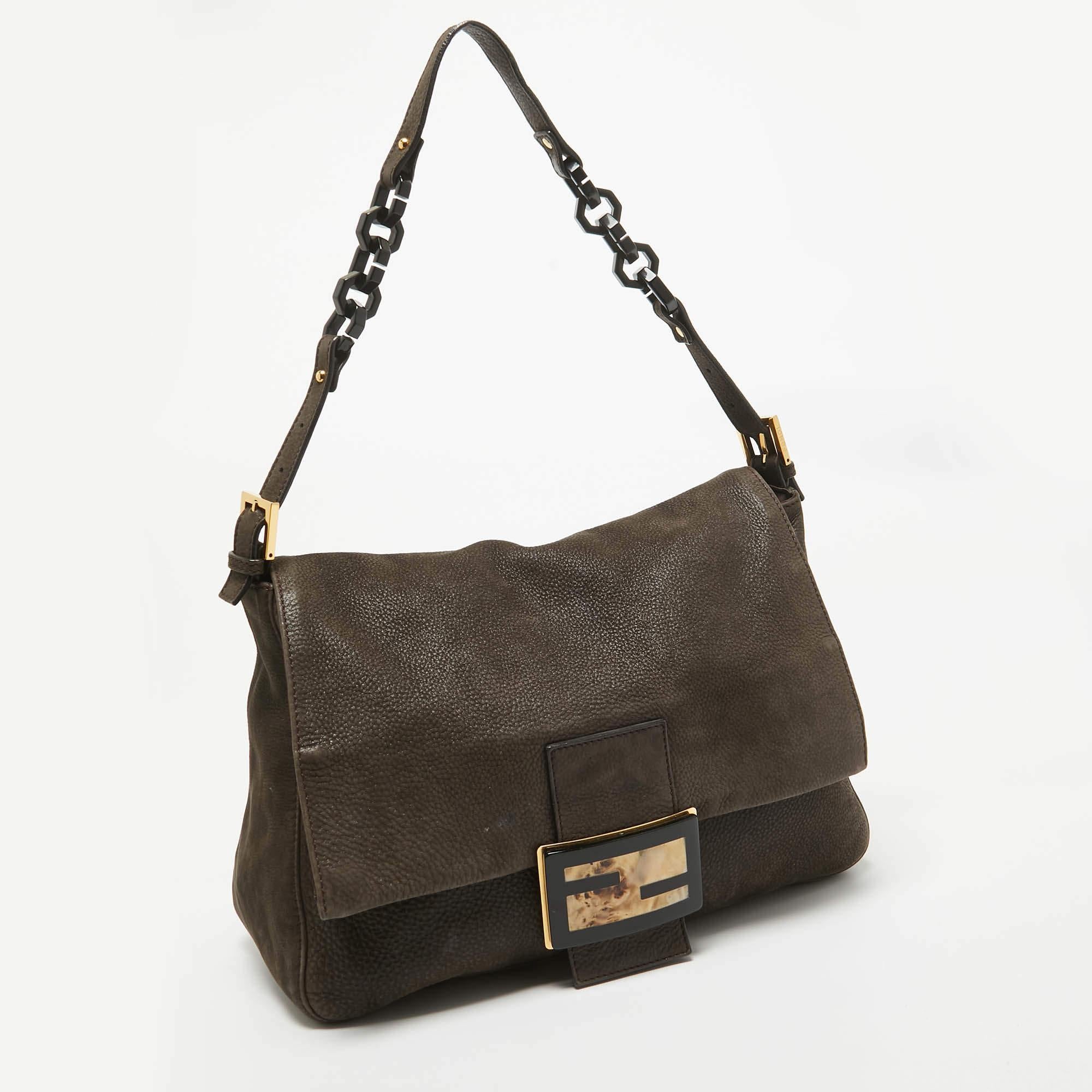 Black Fendi Dark Brown Nubuck Shimmer Leather Mama Forever Shoulder Bag