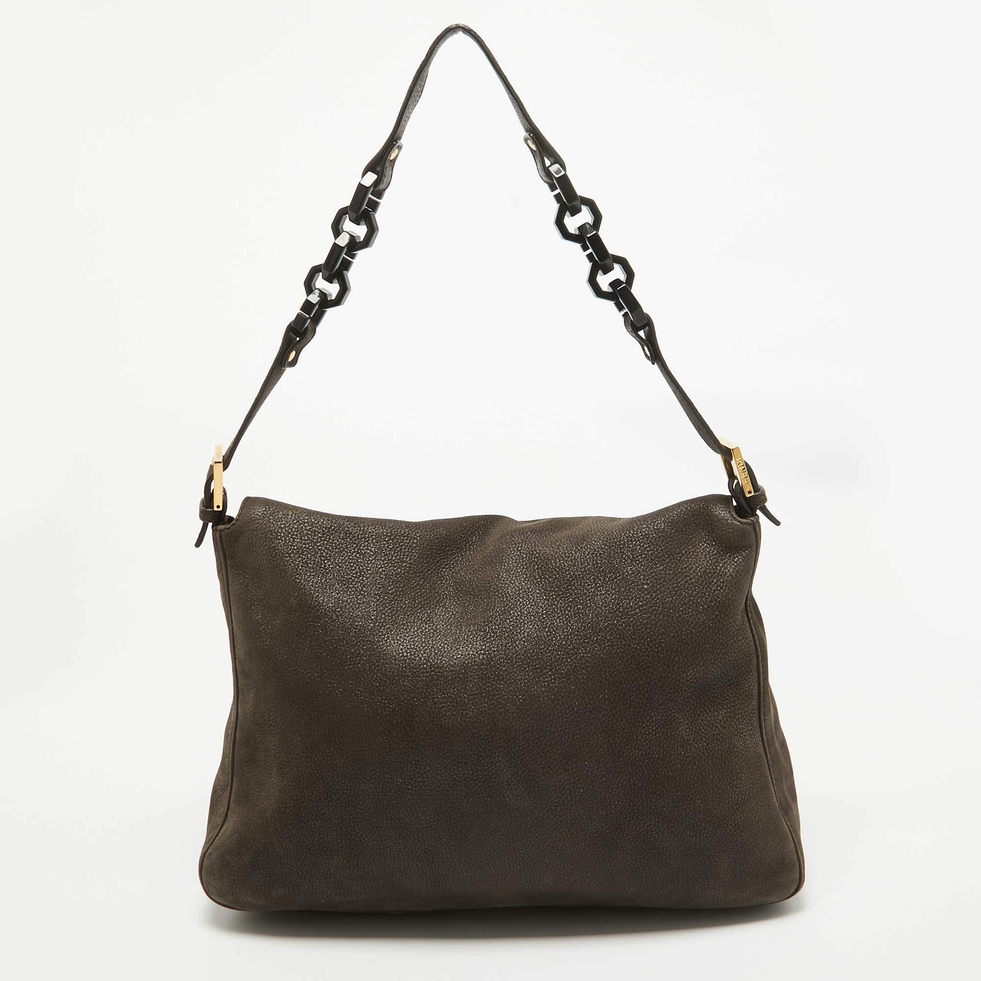Fendi Dark Brown Nubuck Shimmer Leather Mama Forever Shoulder Bag In Good Condition In Dubai, Al Qouz 2