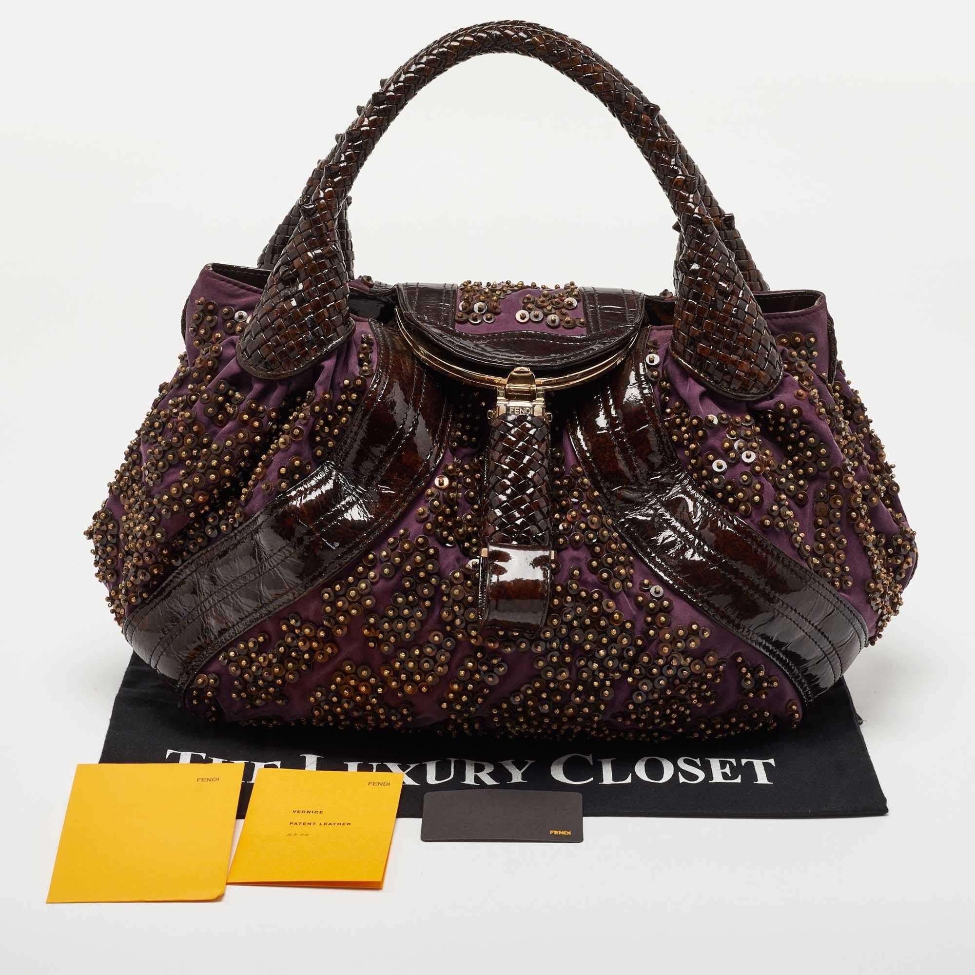 Fendi Dark Brown/Purple Patent Leather and Fabric Sequins Spy Hobo 9