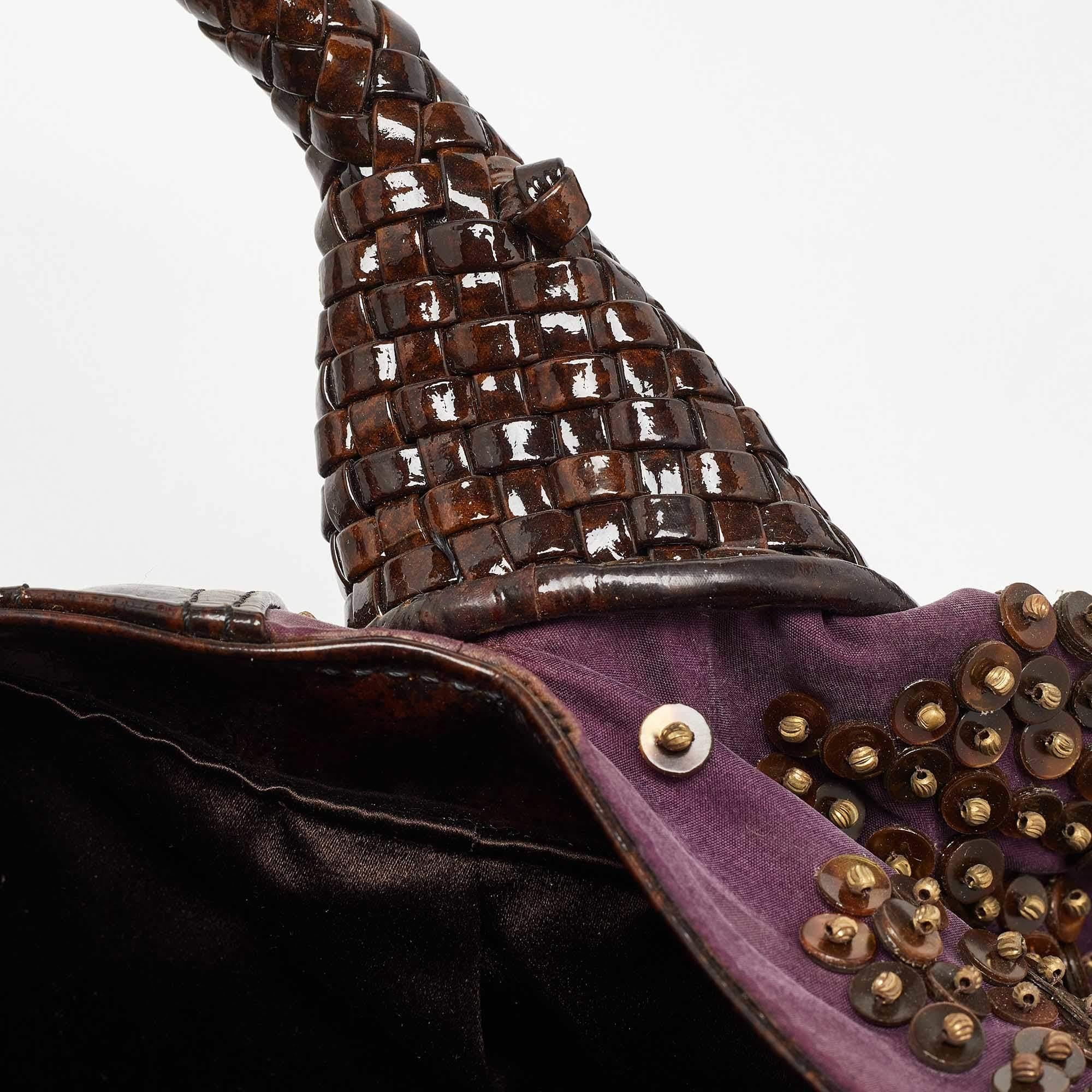Women's Fendi Dark Brown/Purple Patent Leather and Fabric Sequins Spy Hobo