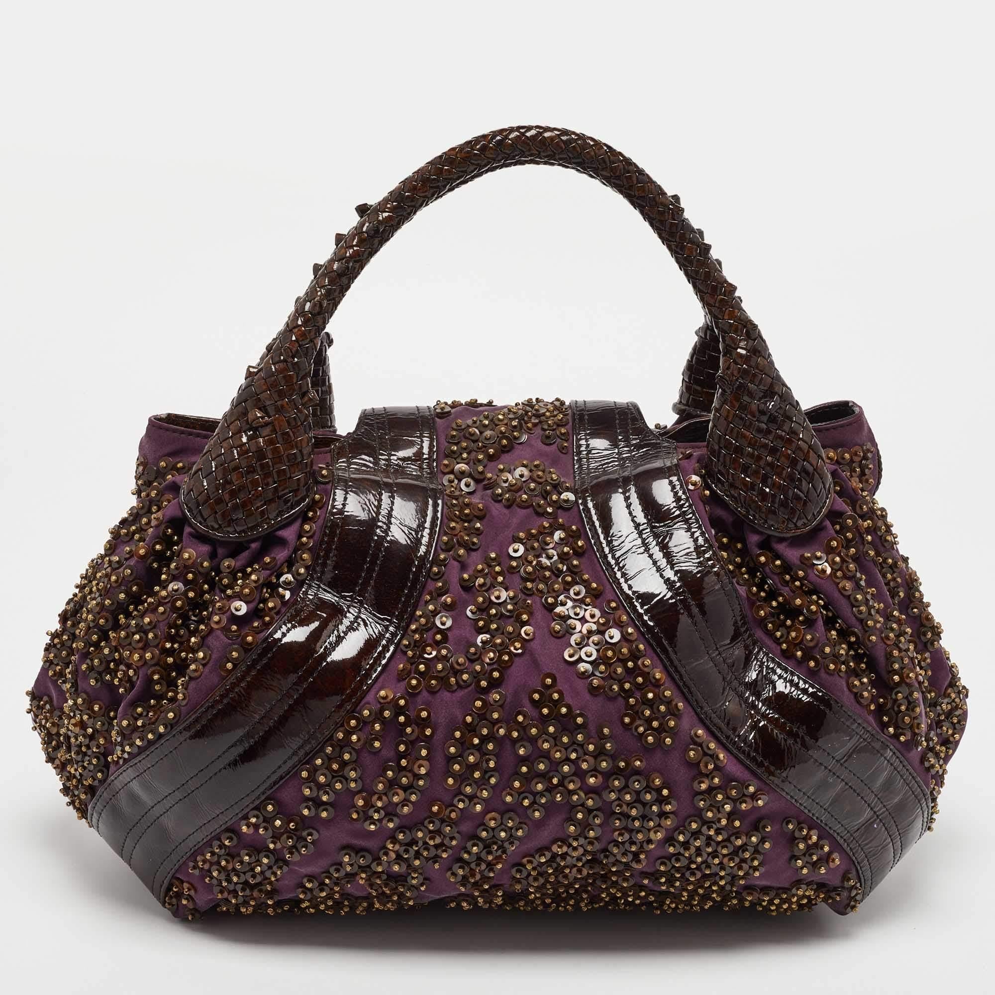 Fendi Dark Brown/Purple Patent Leather and Fabric Sequins Spy Hobo 3