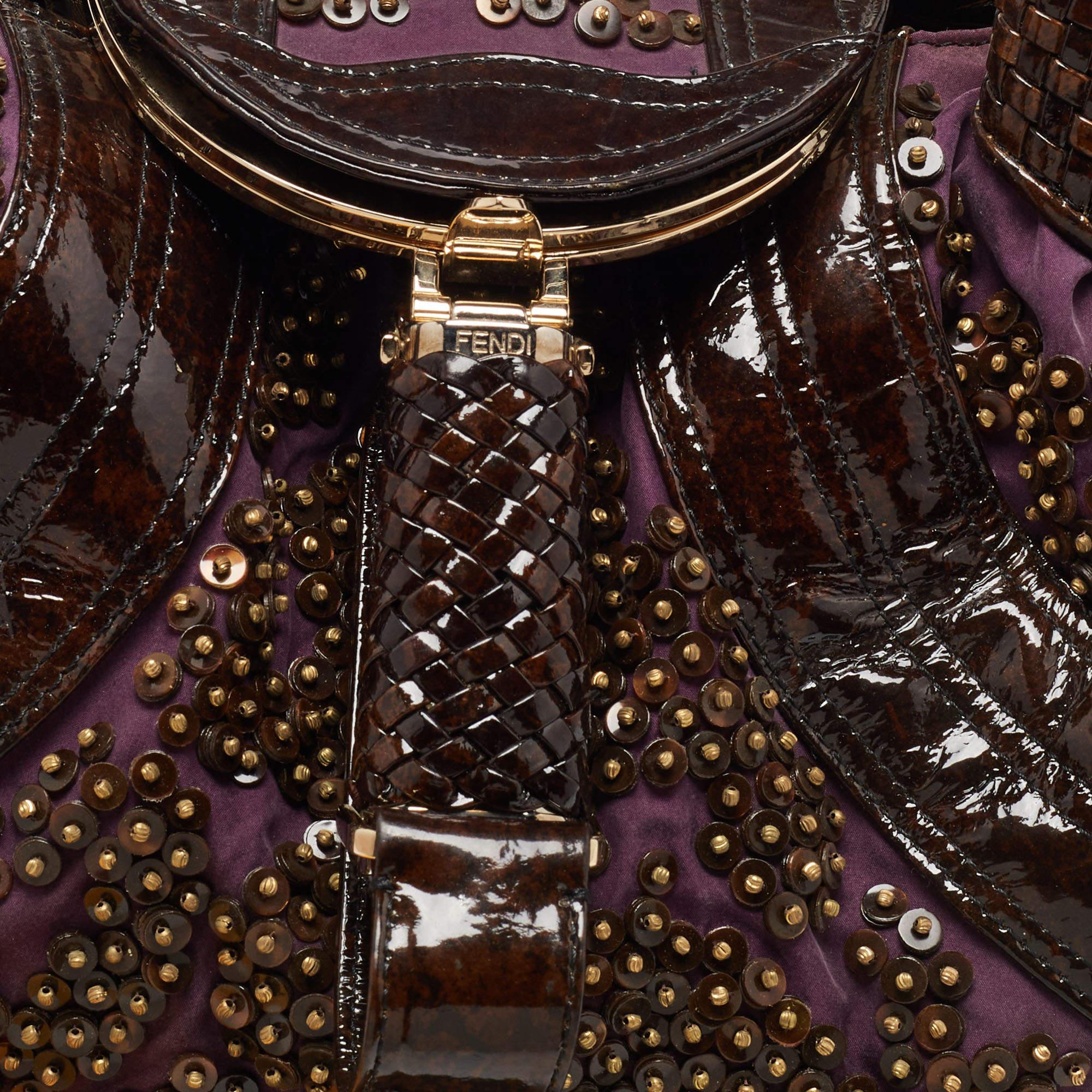 Fendi Dark Brown/Purple Patent Leather and Fabric Sequins Spy Hobo 4
