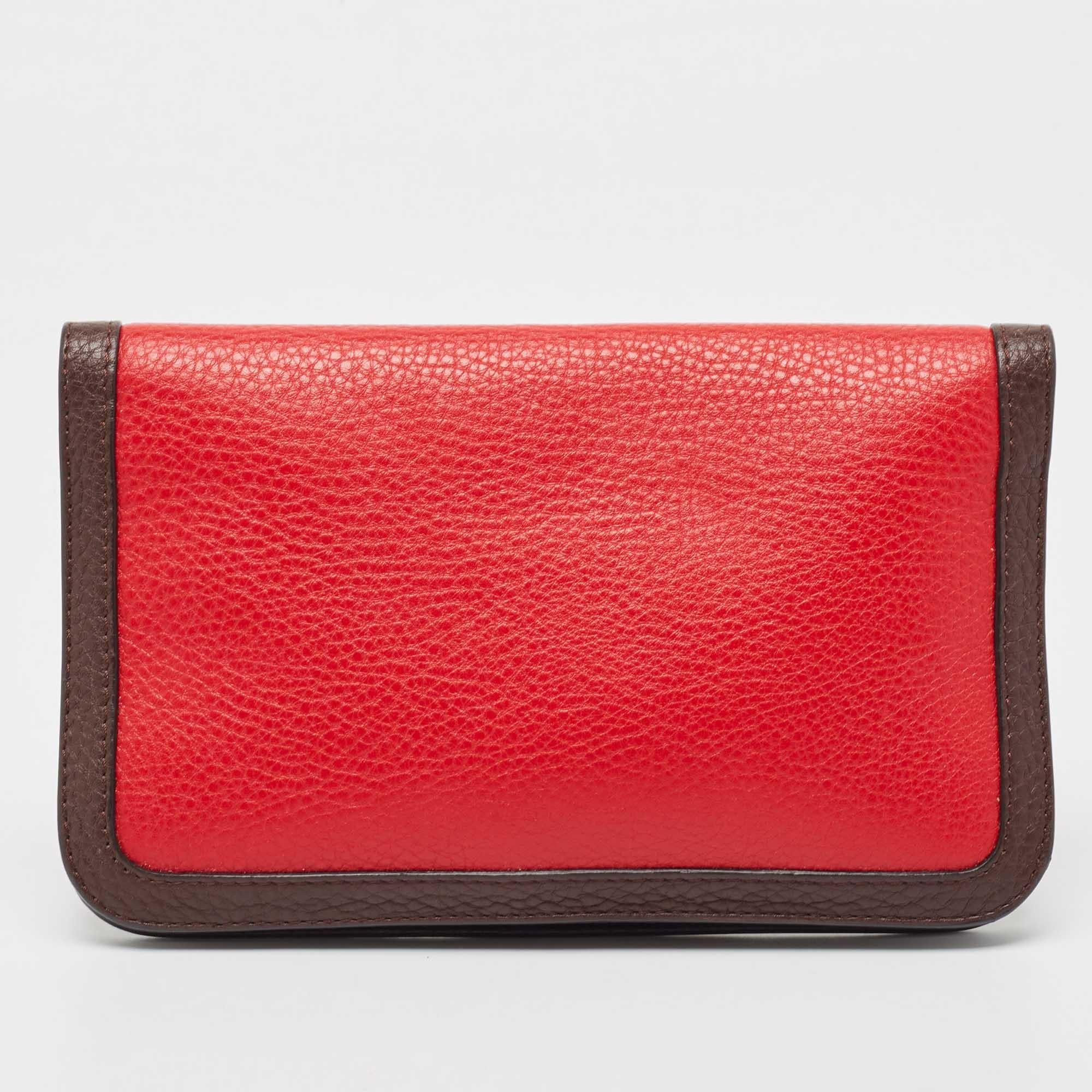 Fendi Dark Brown/Red Selleria Leather Flap Clutch For Sale 4