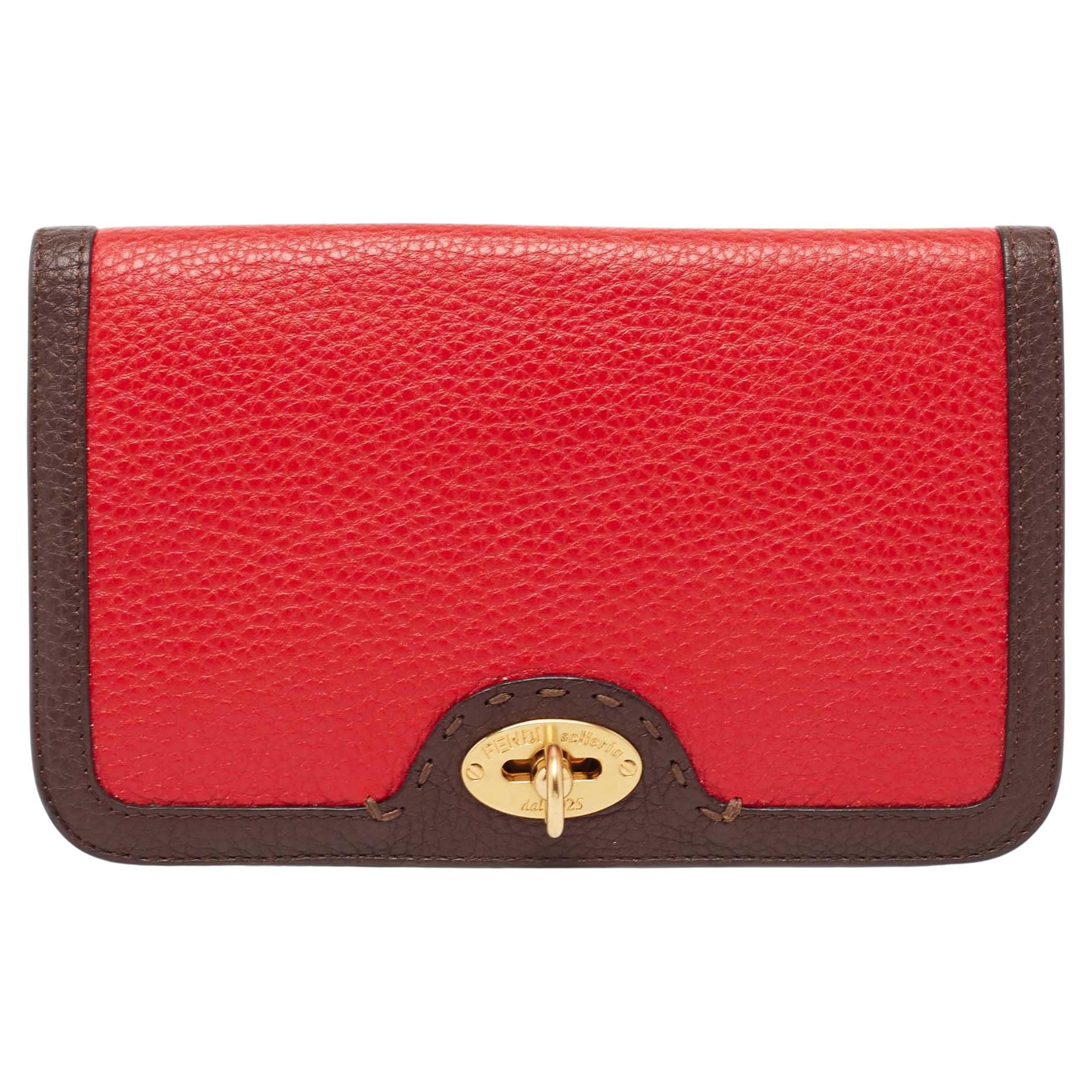 Fendi Dark Brown/Red Selleria Leather Flap Clutch For Sale
