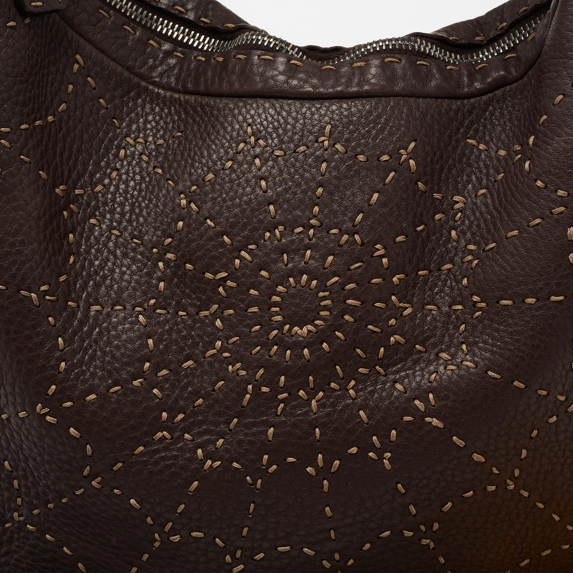 Fendi Dark Brown Selleria Leather Oyster Web Stitched Hobo 5