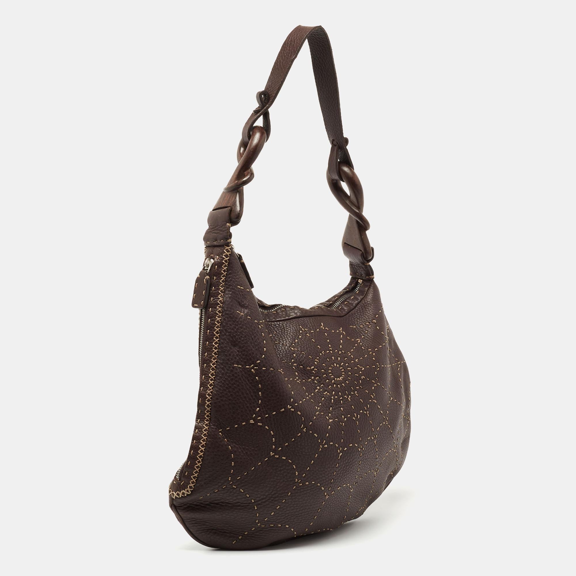 Fendi Dark Brown Selleria Leather Oyster Web Stitched Hobo In Good Condition In Dubai, Al Qouz 2