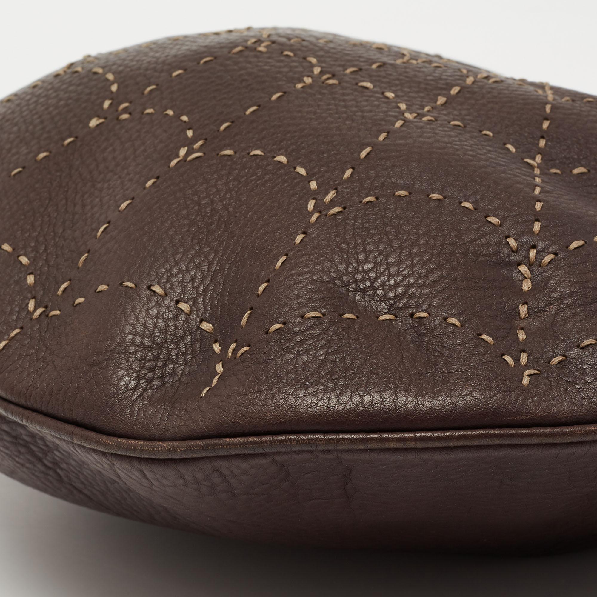 Fendi Dark Brown Selleria Leather Oyster Web Stitched Hobo 2