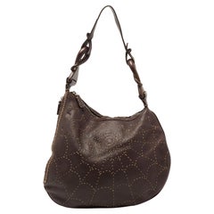 Fendi Dark Brown Selleria Leather Oyster Web Stitched Hobo