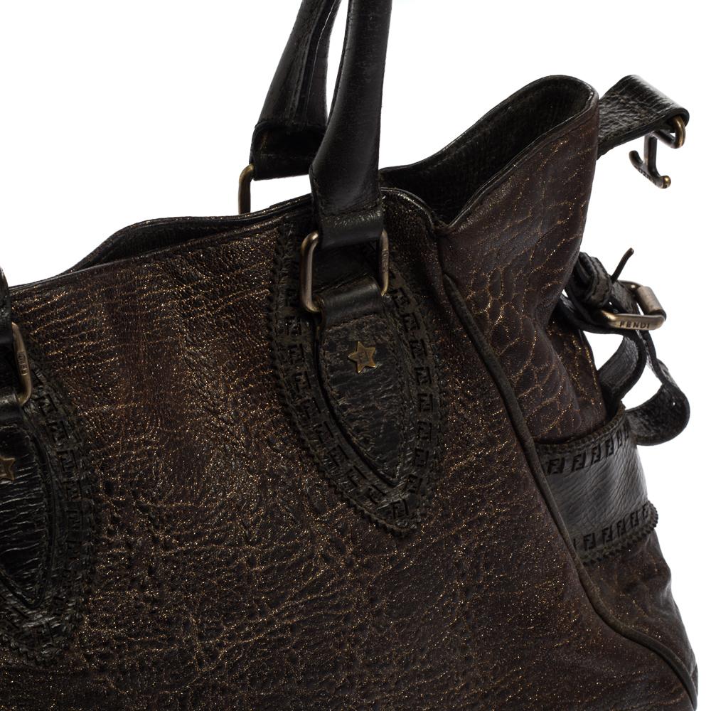 Fendi Dark Brown Shimmer Leather Small Studded Chef De Jour Bag For Sale 4