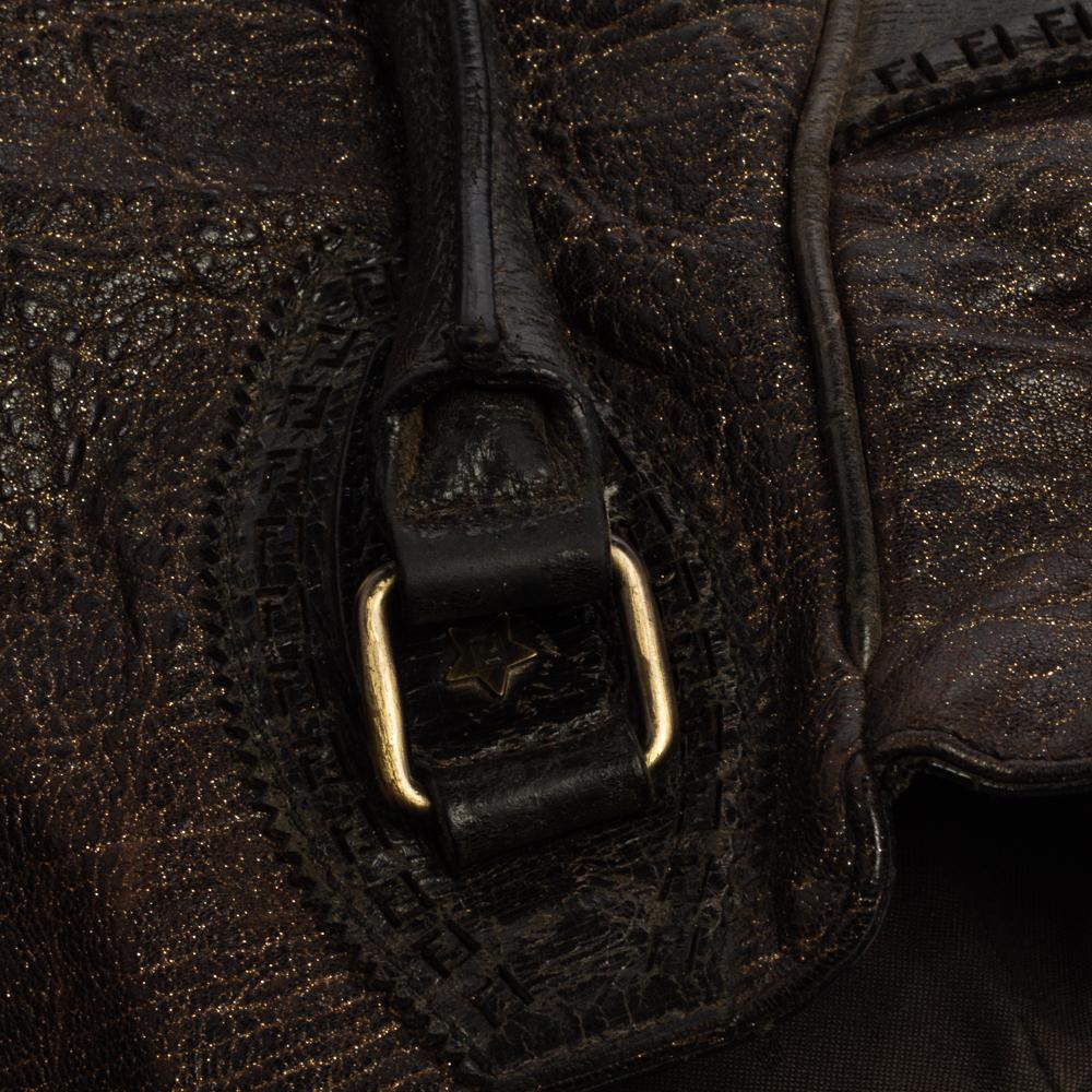 Fendi Dark Brown Shimmer Leather Small Studded Chef De Jour Bag For Sale 5
