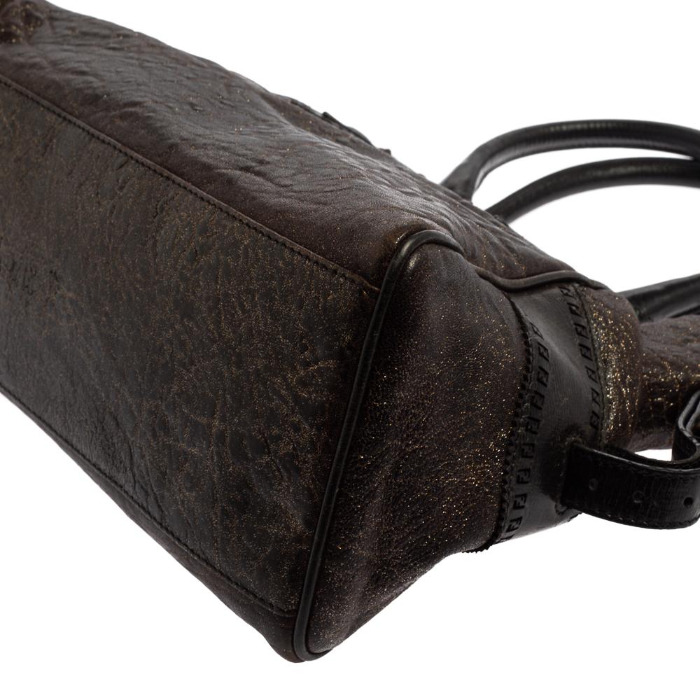 Fendi Dark Brown Shimmer Leather Small Studded Chef De Jour Bag For Sale 8