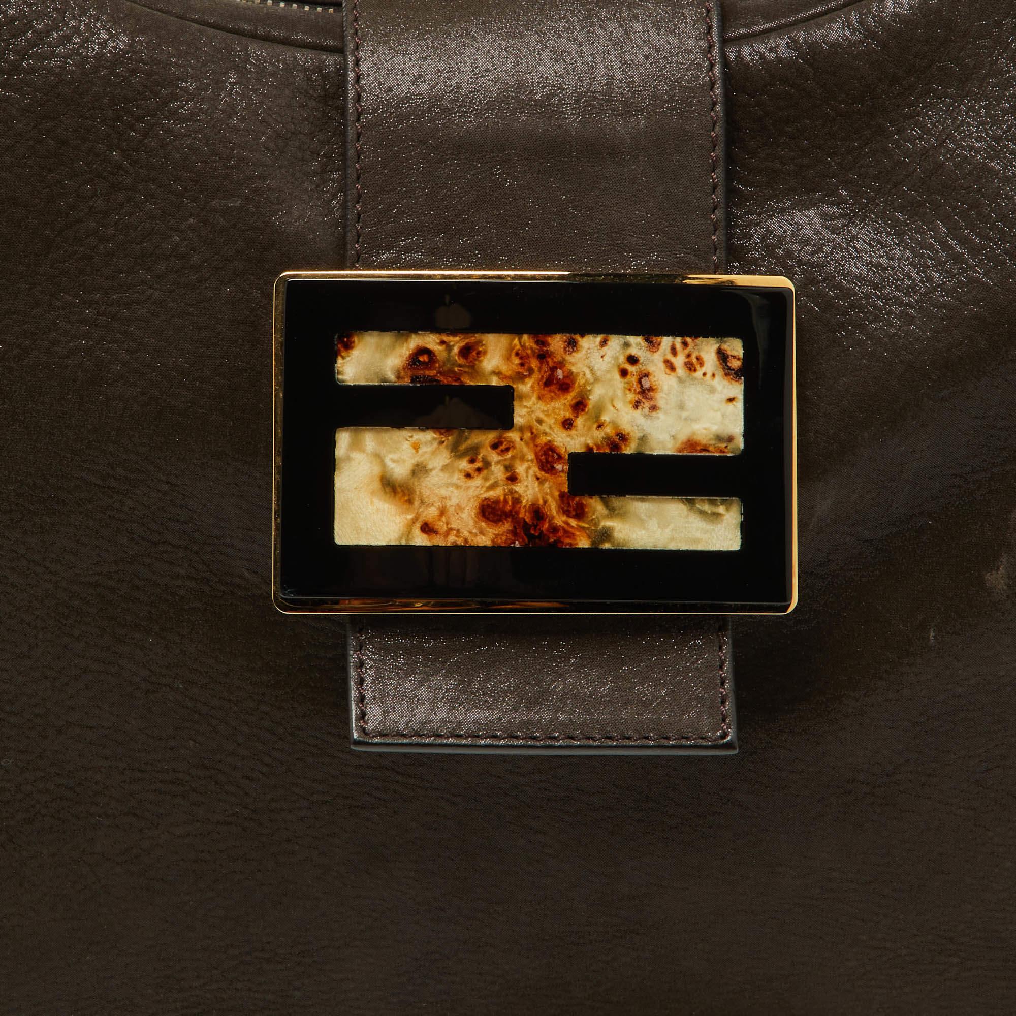 Fendi Dark Brown Shimmer Nubuck Leather Forever Hobo For Sale 8