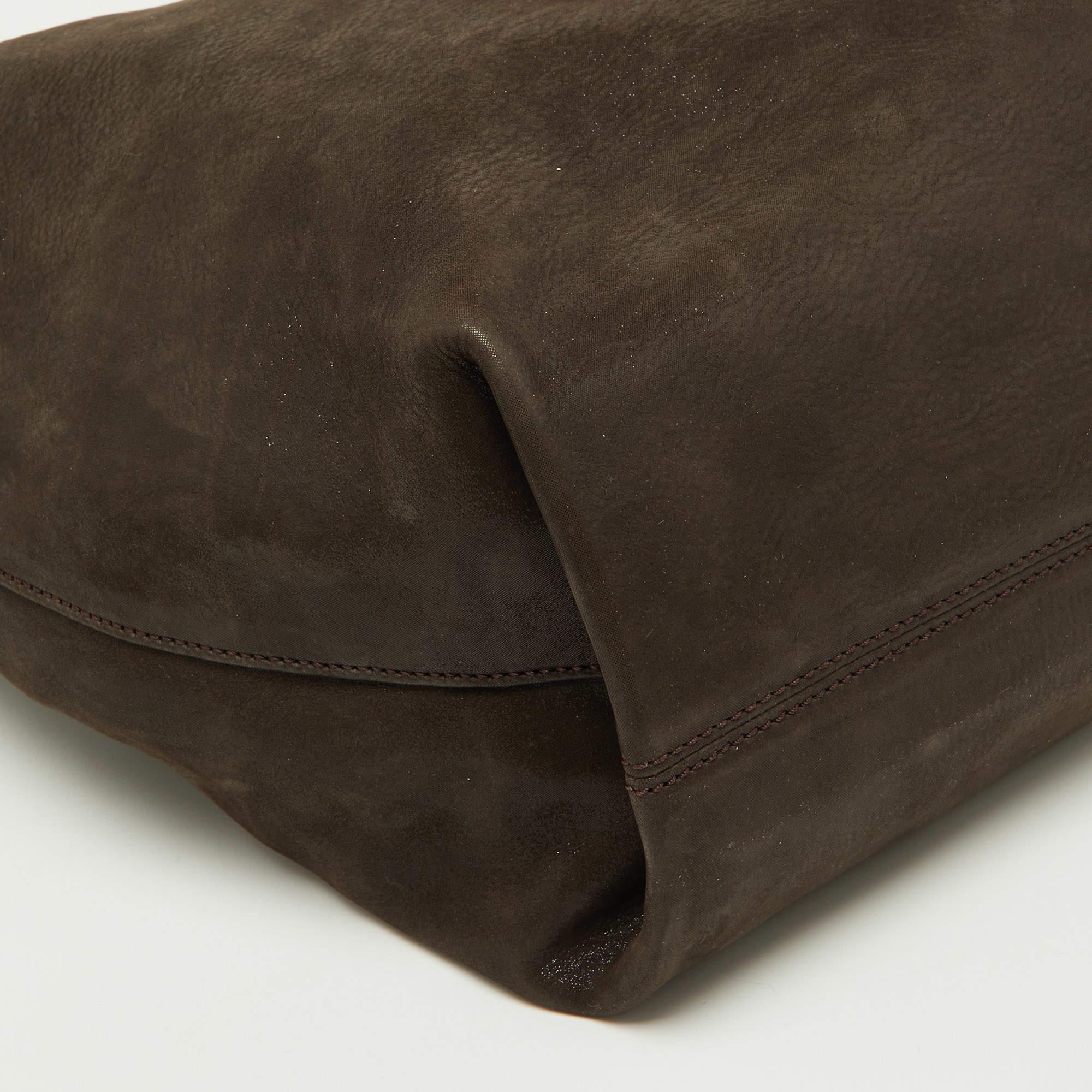 Fendi Dark Brown Shimmer Nubuck Leather Forever Hobo For Sale 5