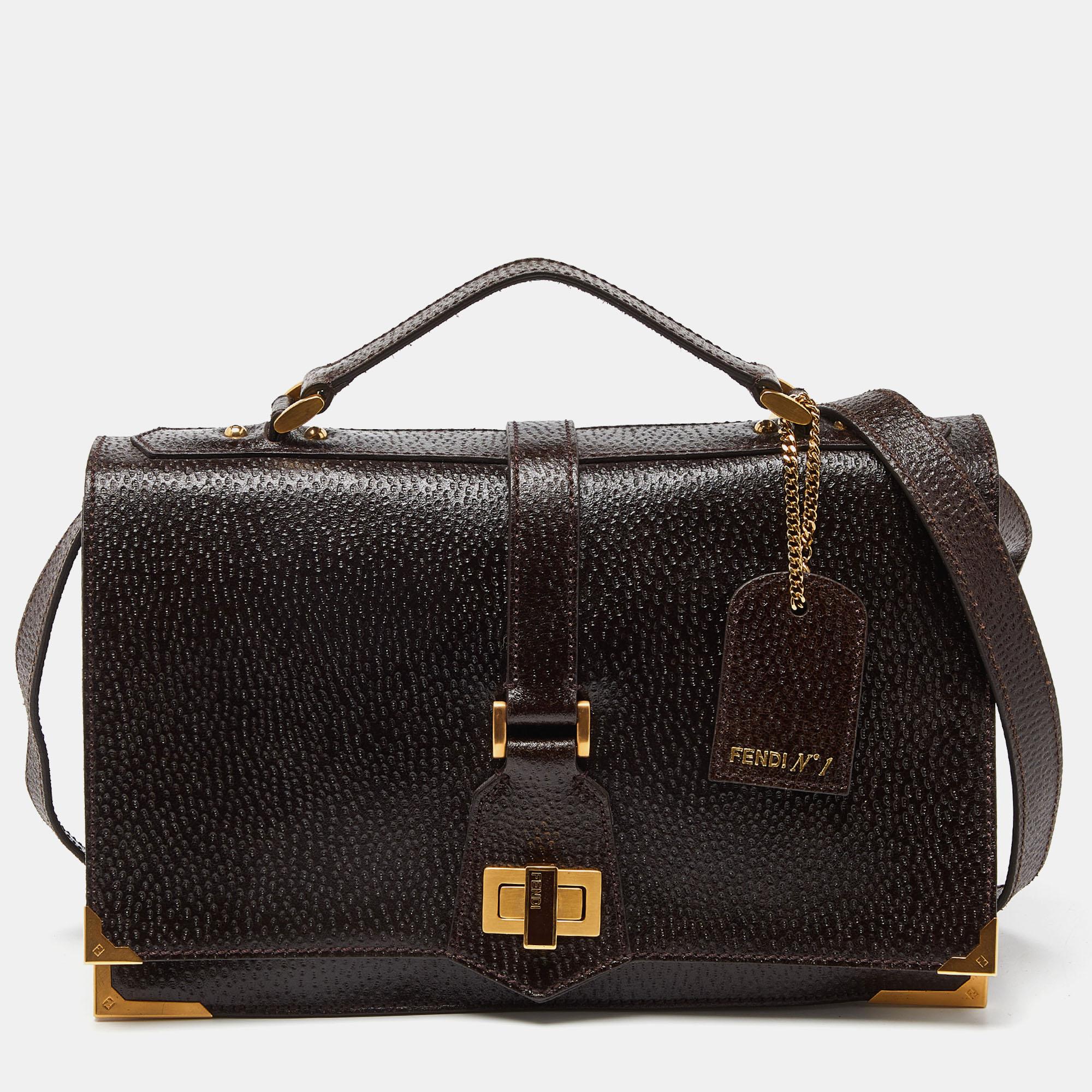 Fendi Dark Brown Textured Leather Classico No.1 Top Handle Bag 6