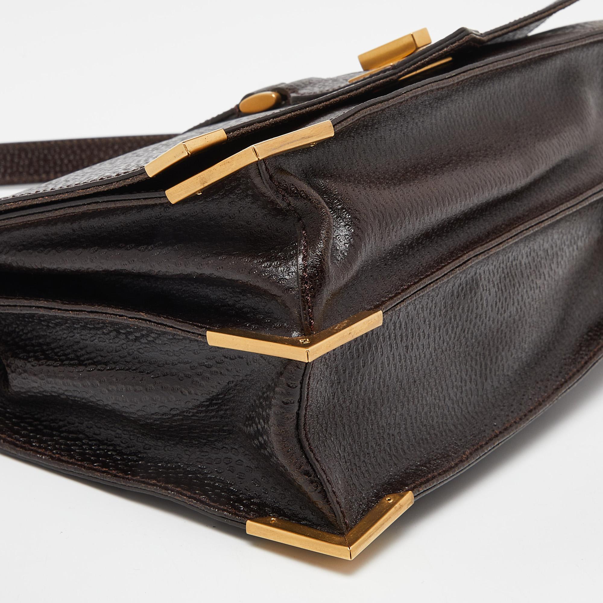 Fendi Dark Brown Textured Leather Classico No.1 Top Handle Bag 4