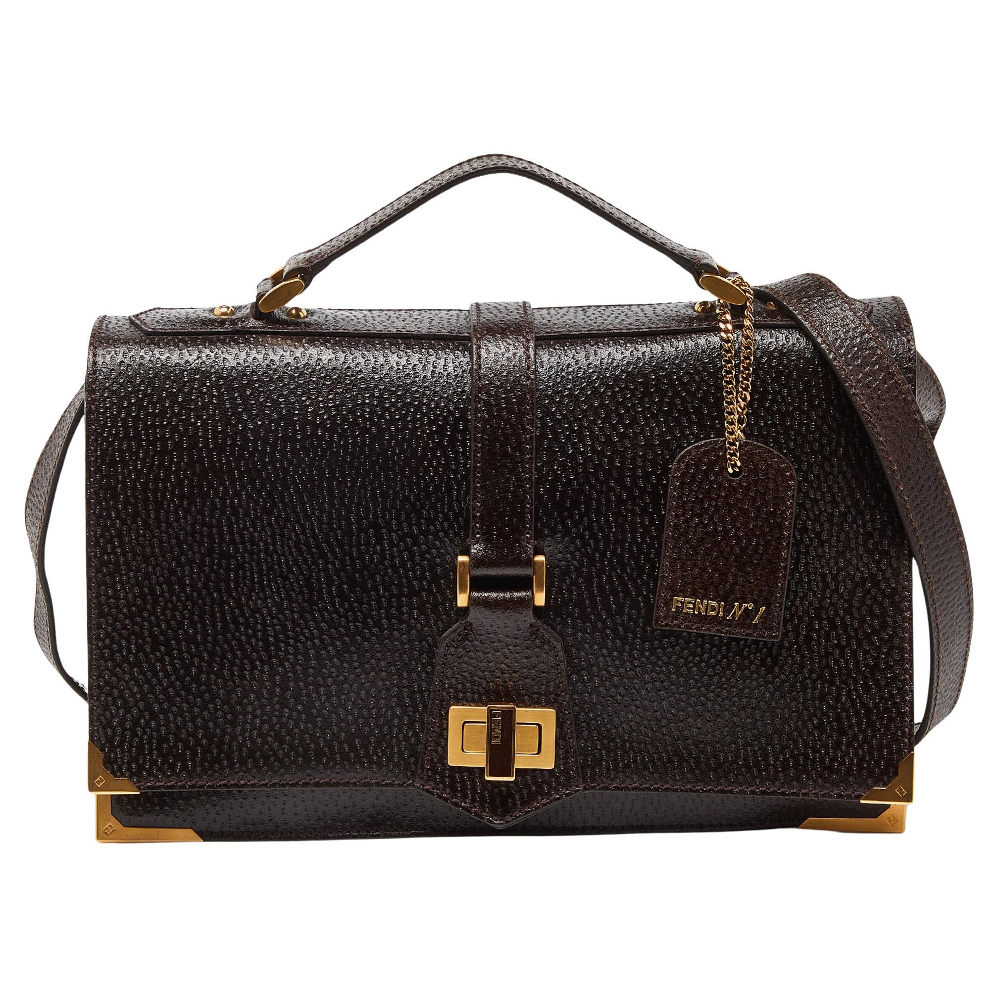 Fendi Dark Brown Textured Leather Classico No.1 Top Handle Bag For Sale