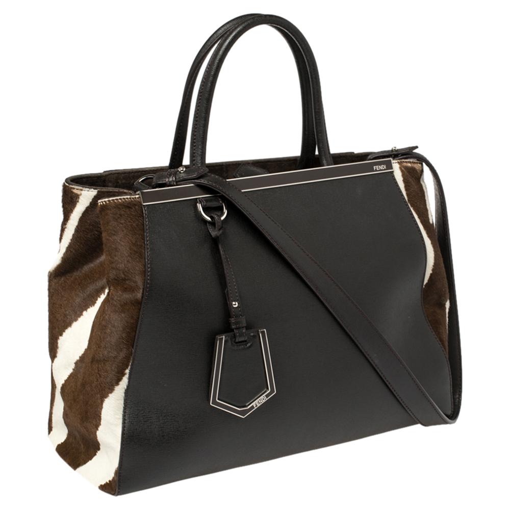 Fendi Dark Brown/White Leather and Calf Hair Medium 2jours Tote In Good Condition In Dubai, Al Qouz 2