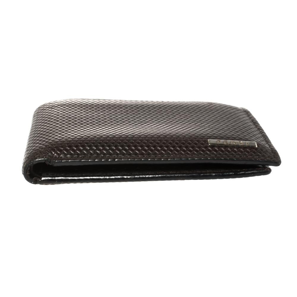 Fendi Dark Brown Woven Embossed Leather Bi Fold Wallet 3