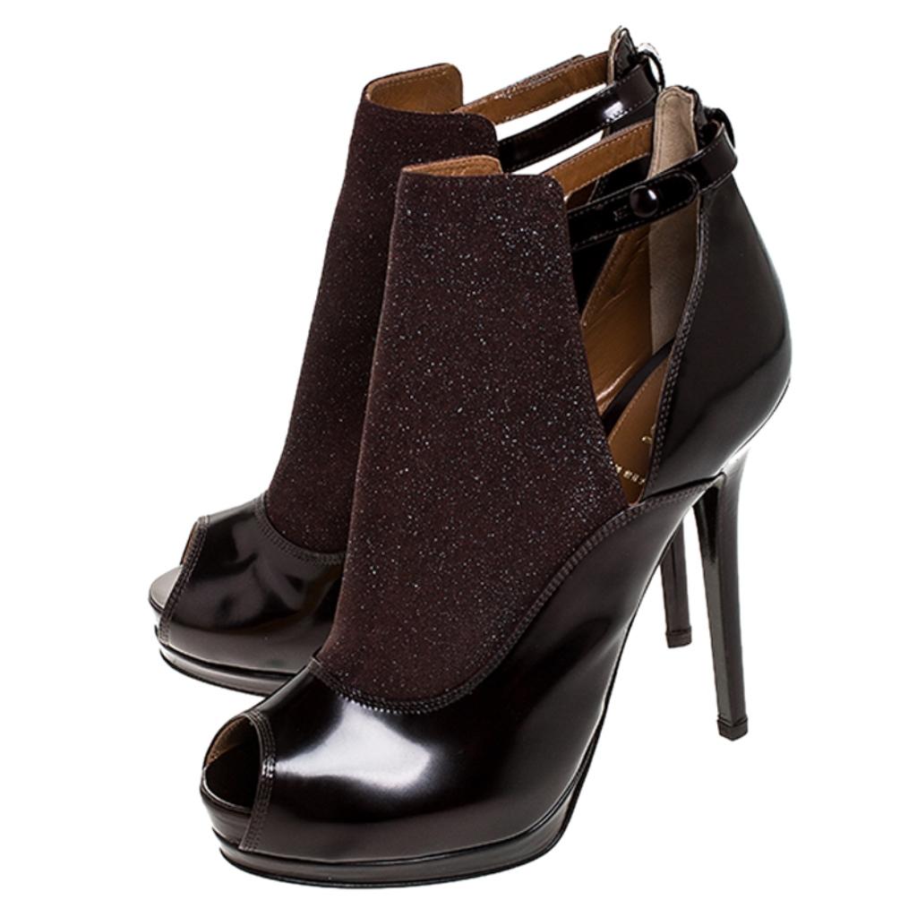 Fendi Dark Burgundy Glitter and Leather Peep Toe Platform Booties Size 39 1
