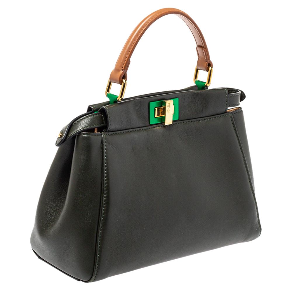 Fendi Dark Green and Beige Leather Mini Peekaboo Top Handle Bag In Good Condition In Dubai, Al Qouz 2
