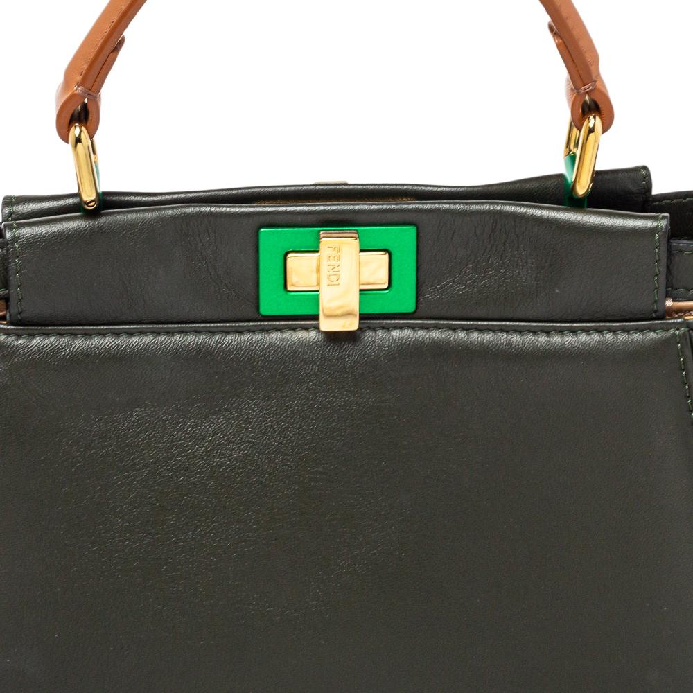 Fendi Dark Green and Beige Leather Mini Peekaboo Top Handle Bag 4