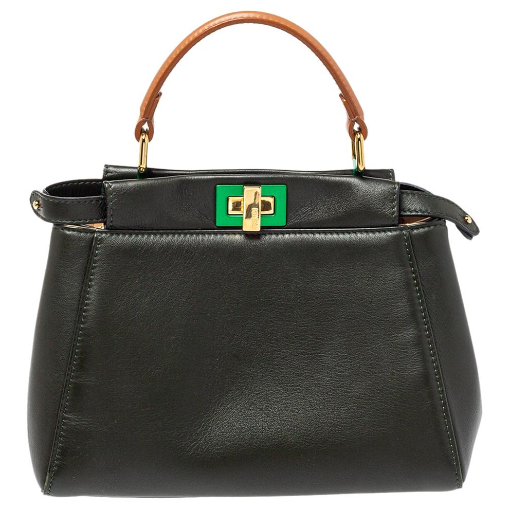 Fendi Dark Green and Beige Leather Mini Peekaboo Top Handle Bag