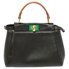Fendi Dark Green and Beige Leather Mini Peekaboo Top Handle Bag