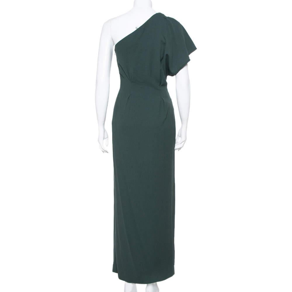 Fendi is known globally for its chic creations that are absolutely worth owning! This crepe maxi number comes in a lovely dark green shade and features a flattering silhouette with a one-shoulder design. It is equipped with a zip closure and will