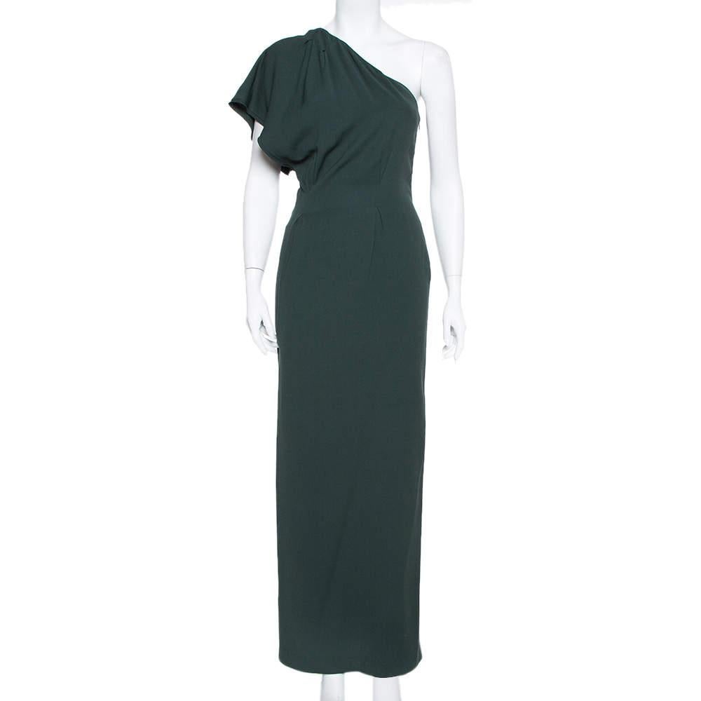 Fendi Dark Green Crepe One Shoulder Maxi Dress S For Sale 2