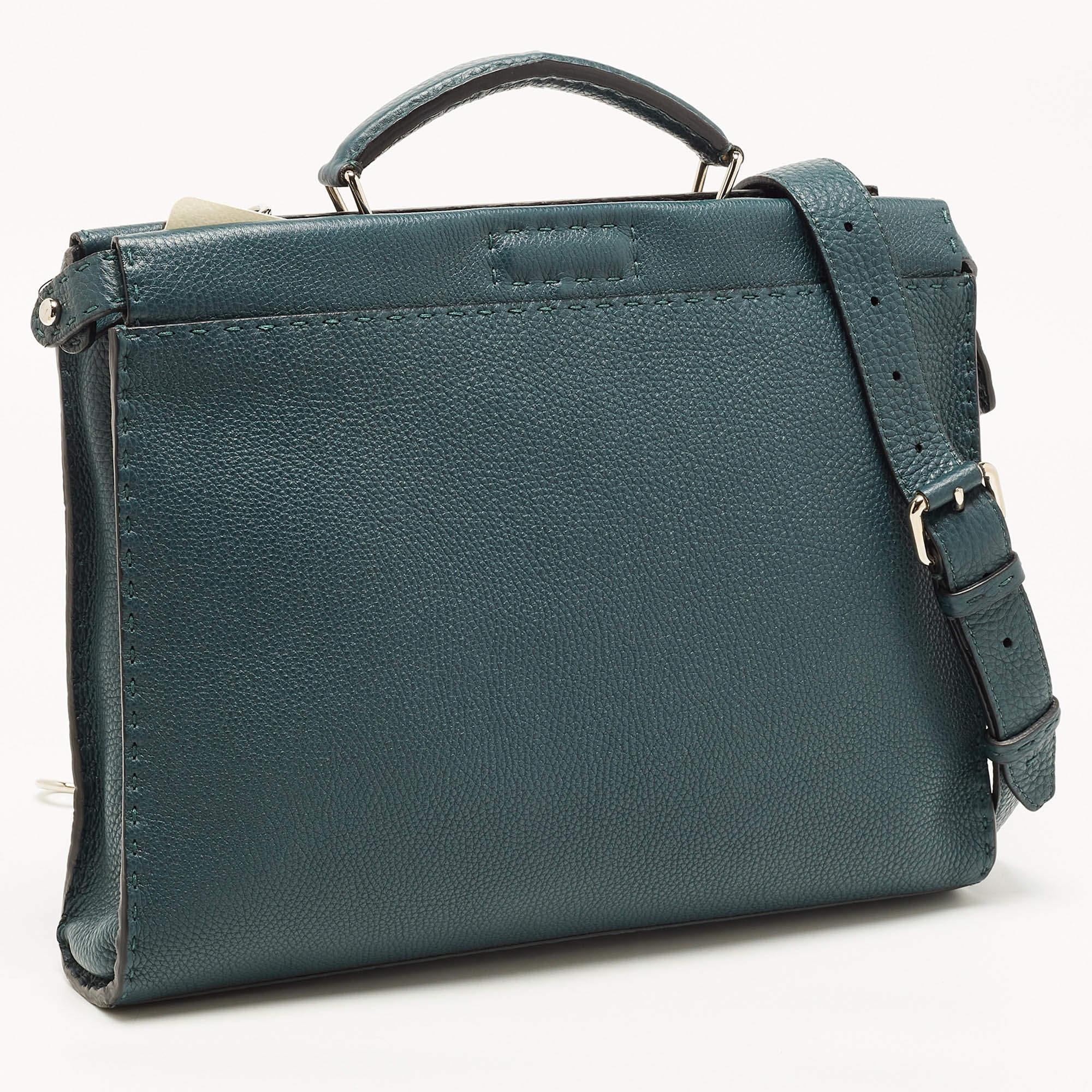 Fendi Dark Green Selleria Leather Peekaboo Fit Briefcase In New Condition In Dubai, Al Qouz 2