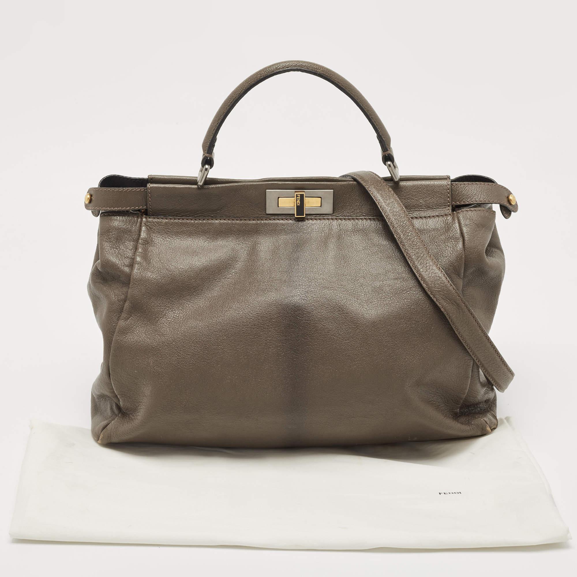 Fendi Dark Grey Leather Large Peekaboo Top Handle Bag 15
