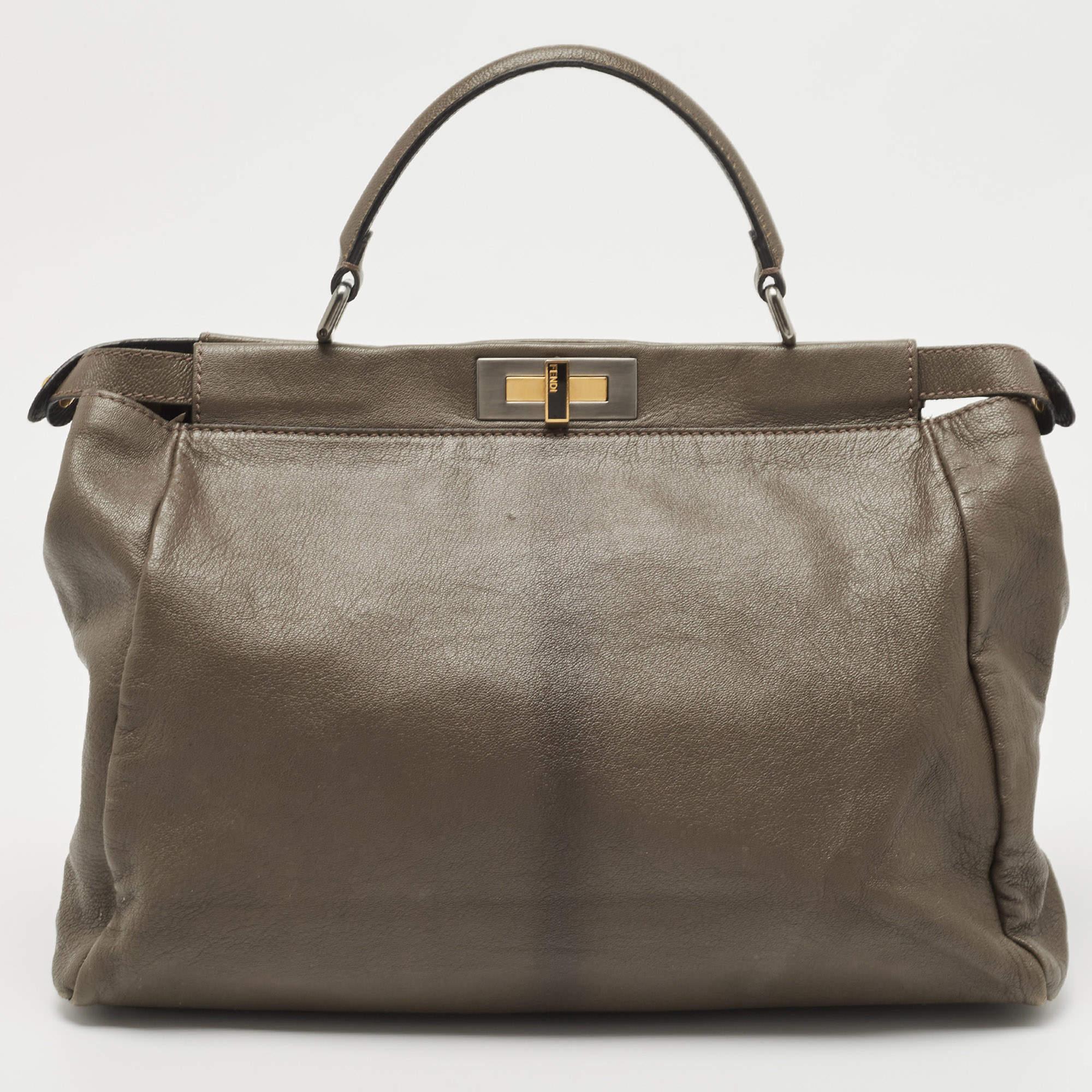 Gray Fendi Dark Grey Leather Large Peekaboo Top Handle Bag