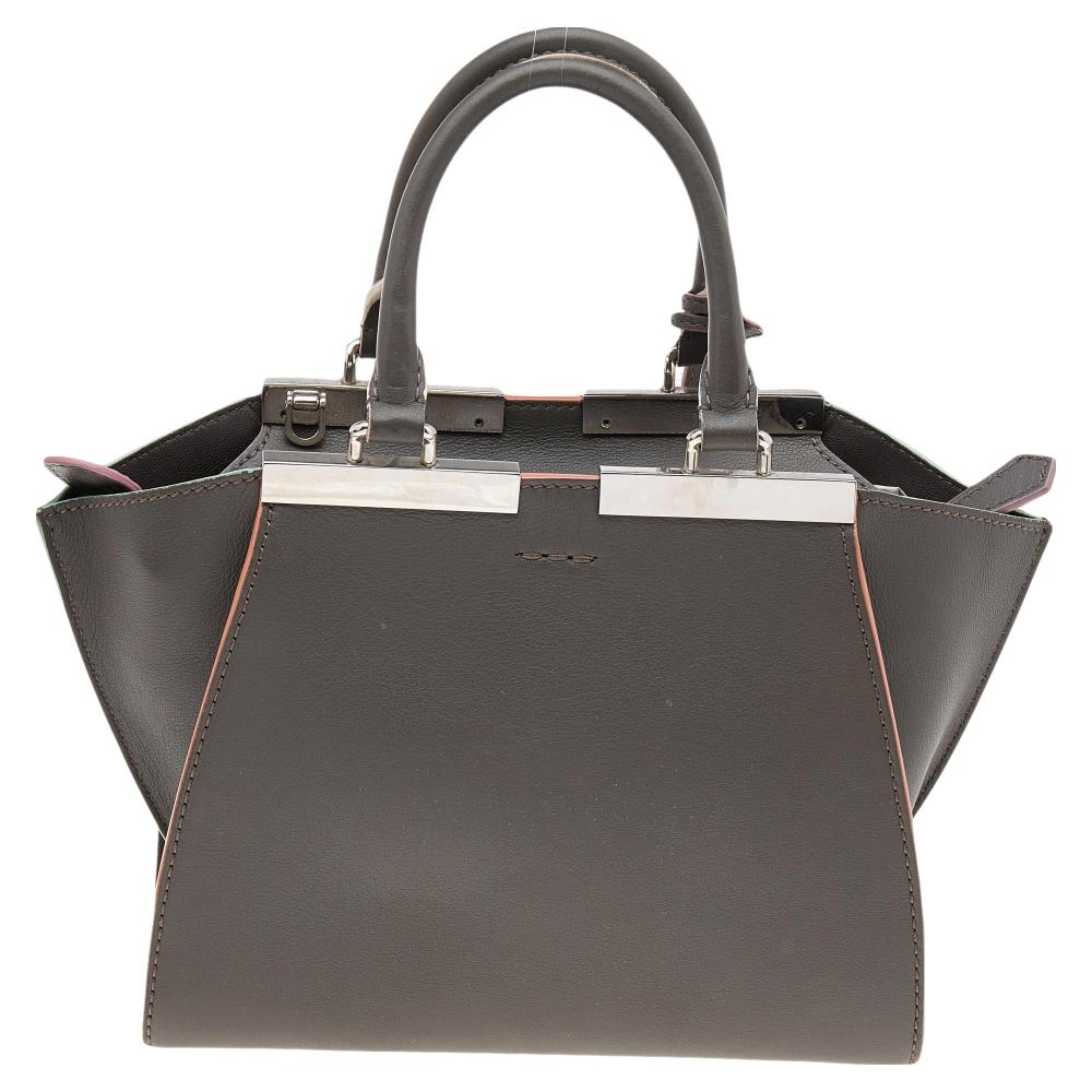 Fendi Dark Khaki Leather Mini 3Jours Tote In Good Condition In Dubai, Al Qouz 2
