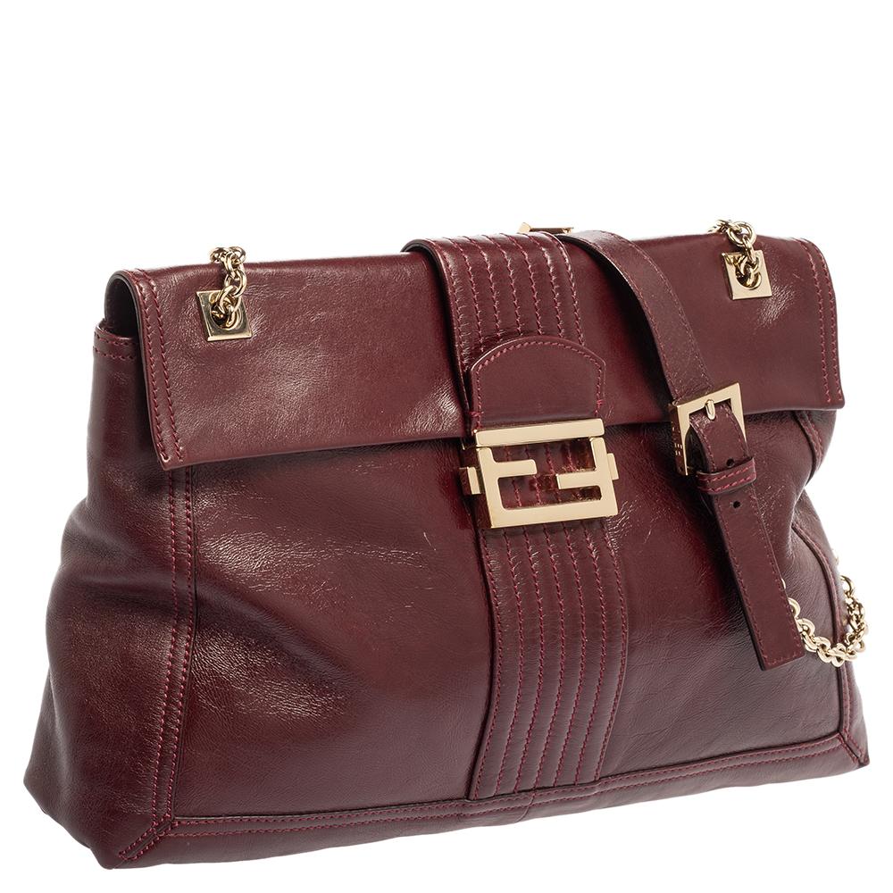 Black Fendi Dark Red Leather Maxi Baguette Flap Shoulder Bag