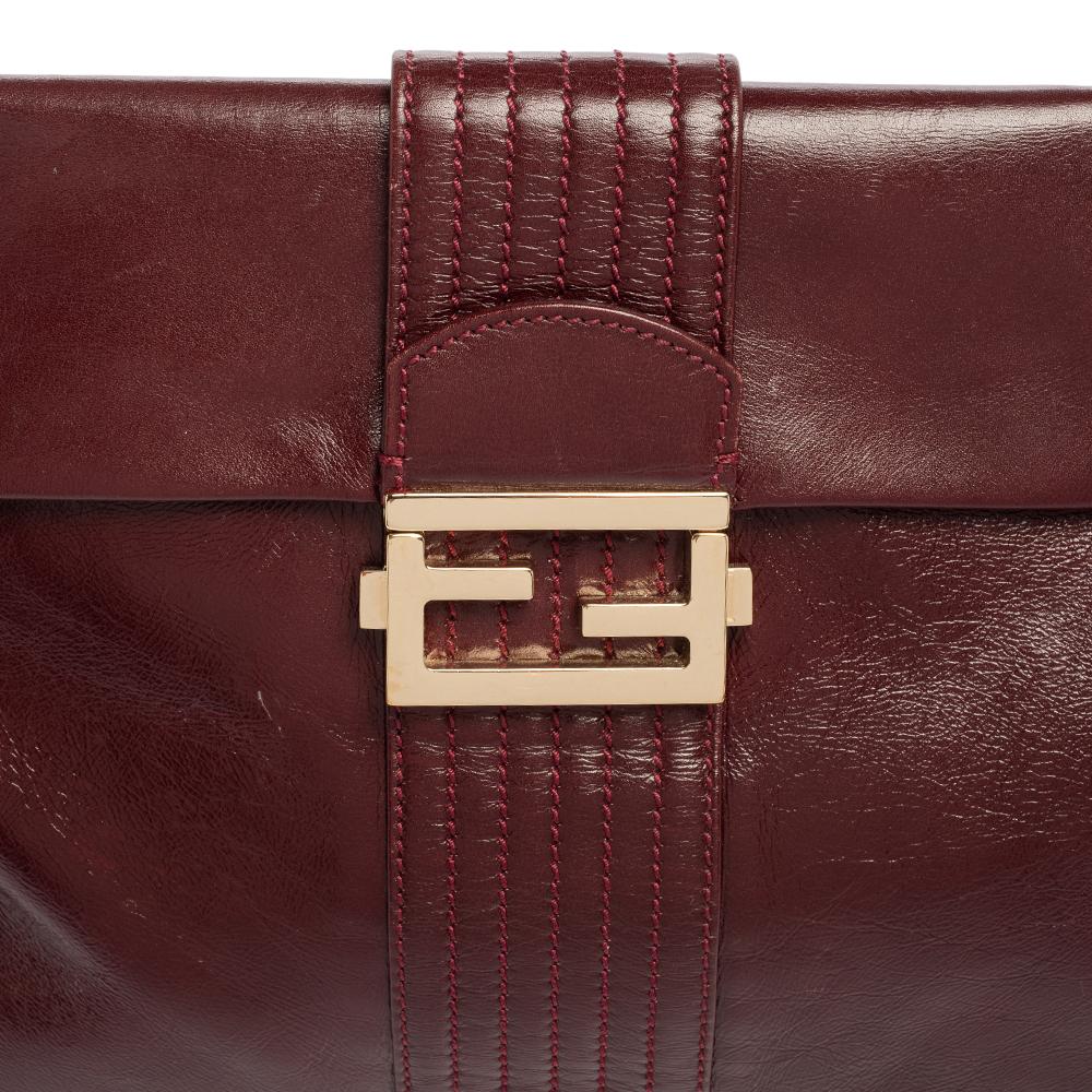 Fendi Dark Red Leather Maxi Baguette Flap Shoulder Bag In Good Condition In Dubai, Al Qouz 2