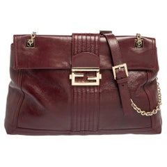 Fendi Dark Red Leather Maxi Baguette Flap Shoulder Bag