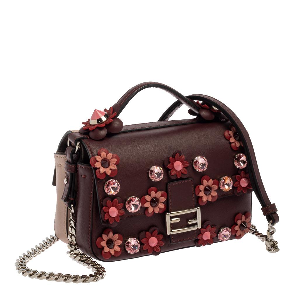 Fendi Dark Red/Light Pink Flowerland Leather Double Micro Baguette Bag In Good Condition In Dubai, Al Qouz 2