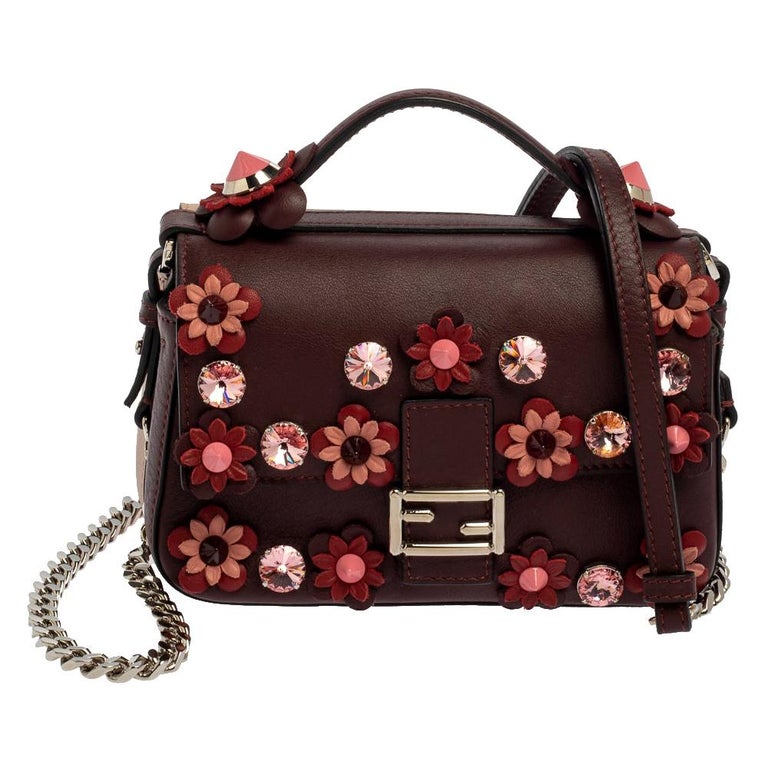 Fendi Dark Red/Light Pink Flowerland Leather Double Micro Baguette Bag ...