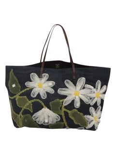 Fendi Denim Daisy Floral Appliqué Tote Bag With Leather Handles