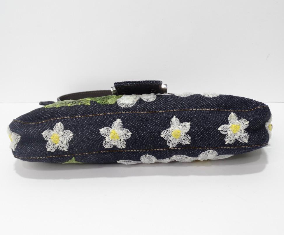 Fendi Denim Flower Embroidered Mama Baguette In Excellent Condition In Scottsdale, AZ