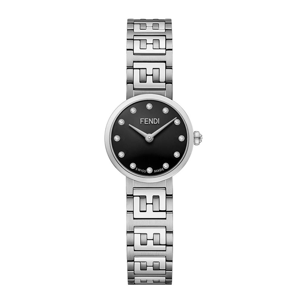 FENDI DIAMANT SCHWARZES ZIFFERBLATT DAMENUHR F103102301
Forever Fendi Collection'S.

-Edelstahl
-Uhrwerk: Quarz
-Gehäusegröße: 19 mm
-Schwarzes Diamant-Zifferblatt
-FF-Logo-Muster auf dem Armband
-Wasserdicht: 5 ATM

Kommt mit Box &