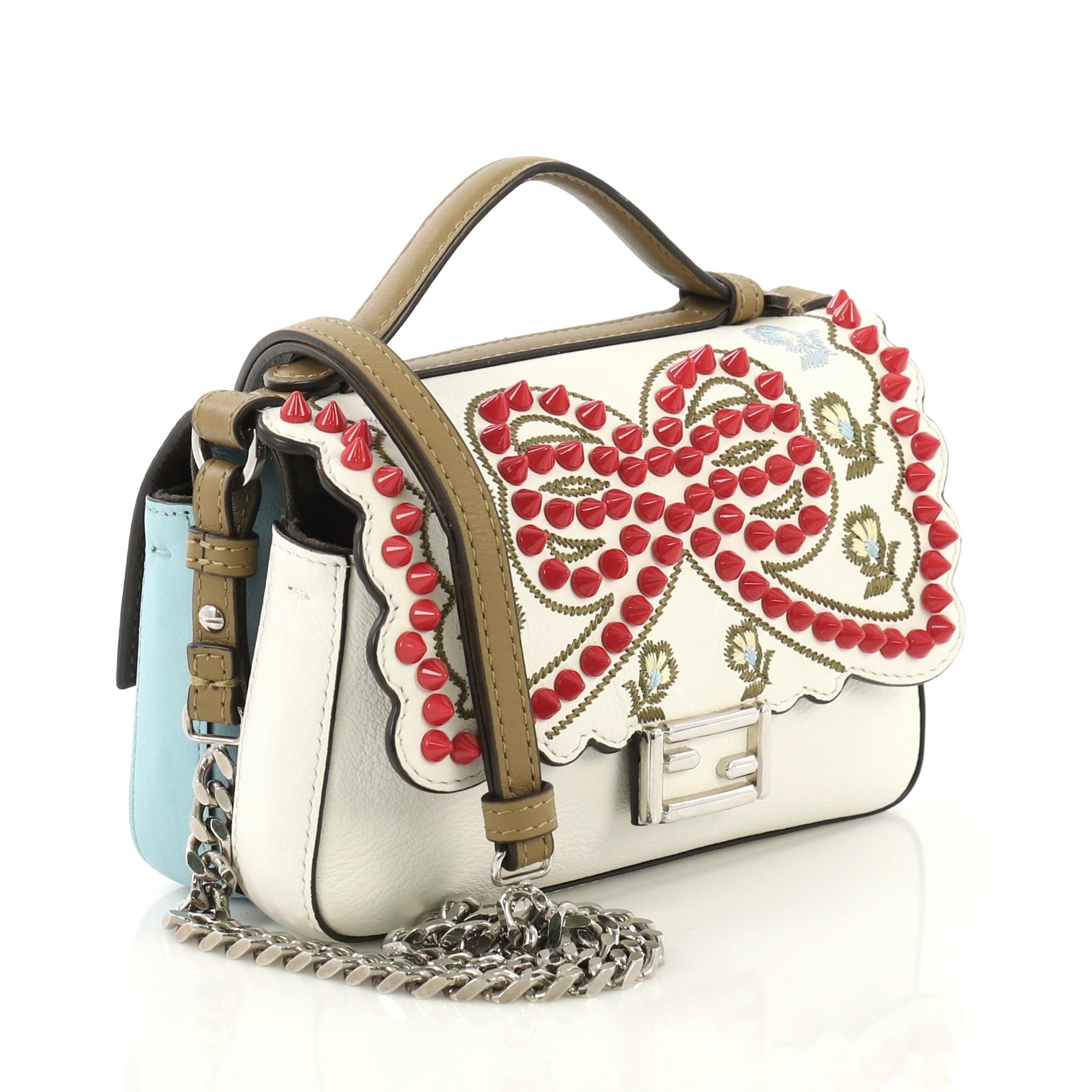 Beige Fendi Double Baguette Embroidered Studded Leather Micro