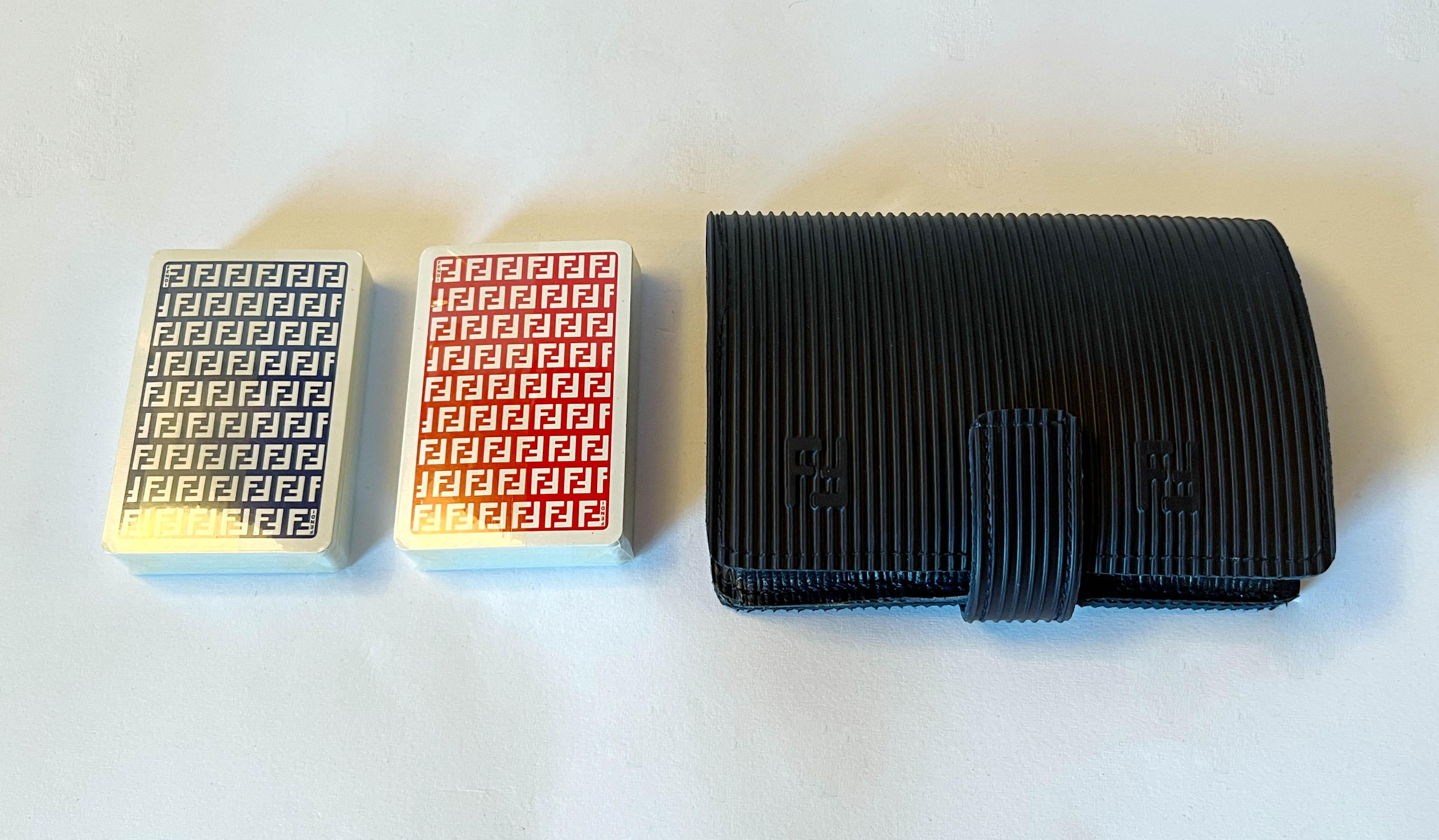 FENDI brand new dark blue canvas double poker playing card set / Made in Italy
Width: 6 inches / Depth: 4 inches / Height: 1.5 inches
1 set available in stock in Italy
Order reference #: FABIOLTD FE002