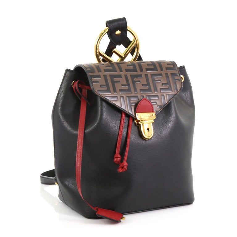 Fendi Drawstring Flap Backpack Leather and Logo Embossed Leather Small