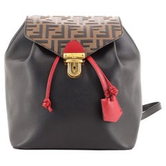 Fendi Drawstring Flap Backpack Leather with Zucca Embossed Detail Small